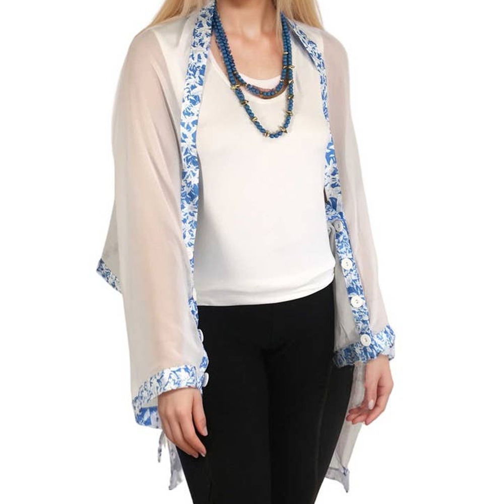 Origami Trim Button Shawl Shrug Wrap White with Cornflower Blue and White Trim
